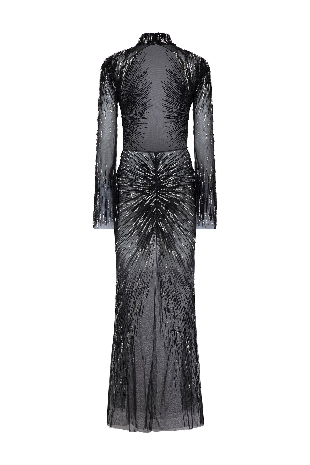 AMEN black embroidered tulle long dress with open back, tube and sequin detailing back view