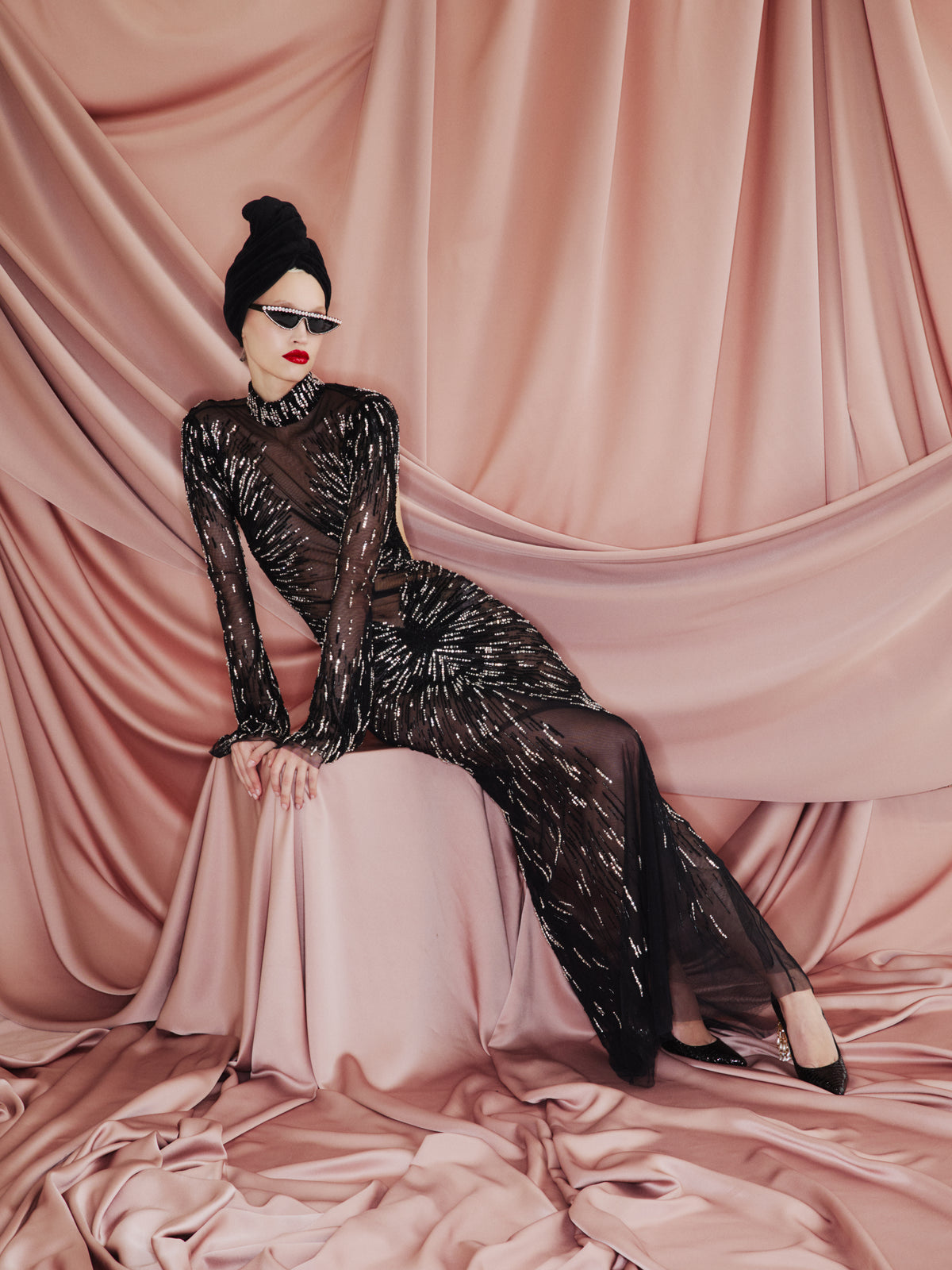 AMEN black embroidered tulle long dress with open back, tube and sequin detailing front view