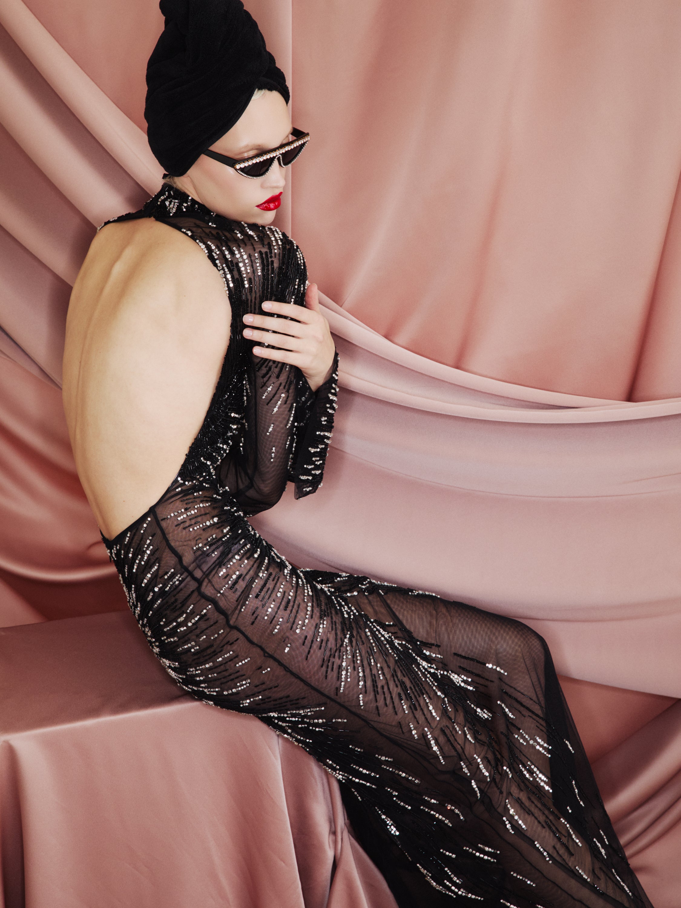 AMEN black embroidered tulle long dress with high neckline, sheer long sleeves and radiating sequin embroidery front view