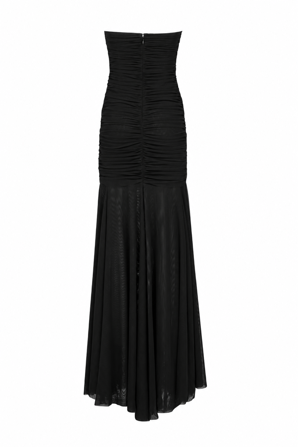AMEN black stretch net long dress with ruched fitted back, concealed zip and sheer floor-length skirt back view
