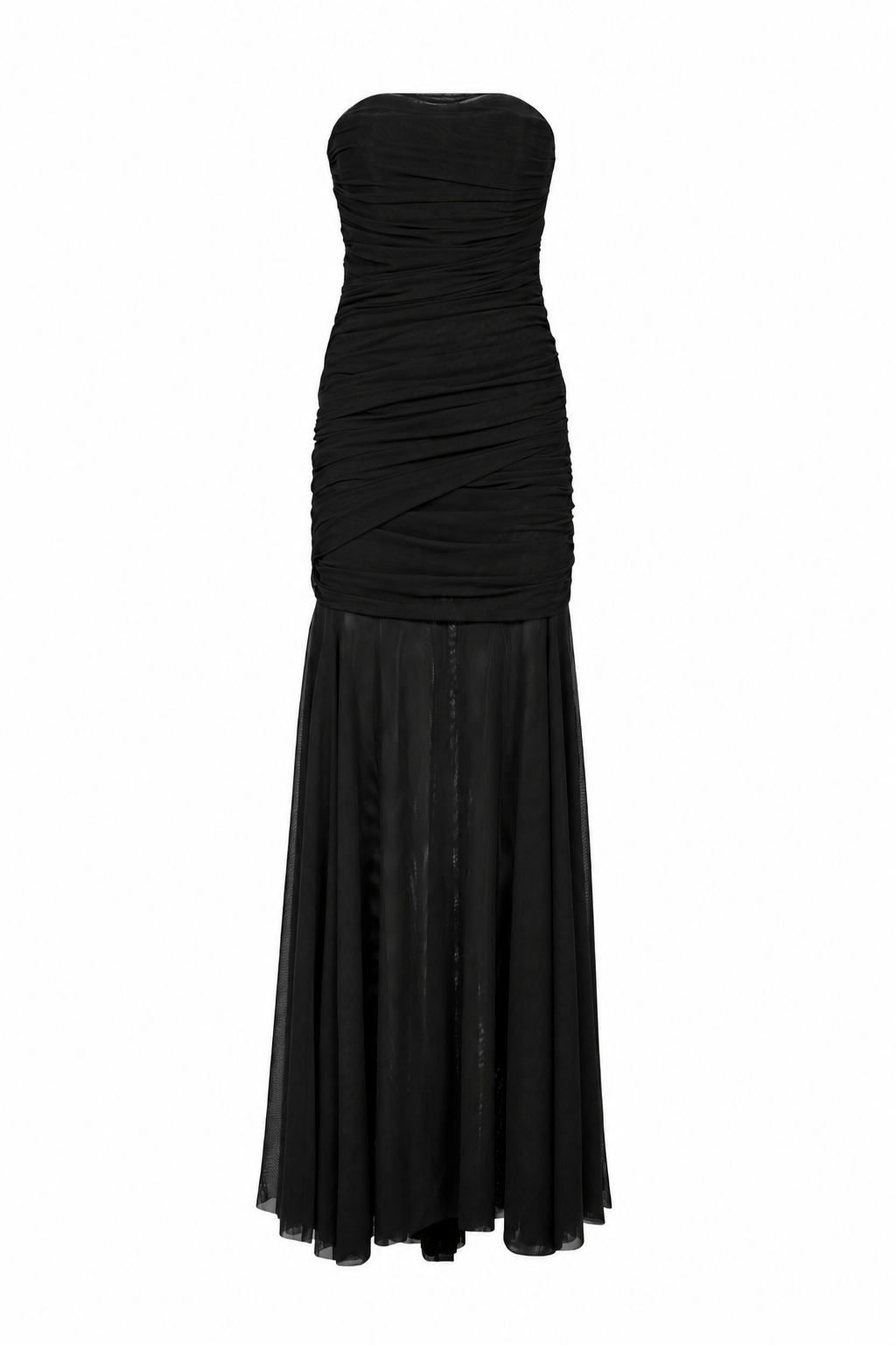 AMEN black stretch net long dress with strapless ruched bodice and sheer flared skirt front view