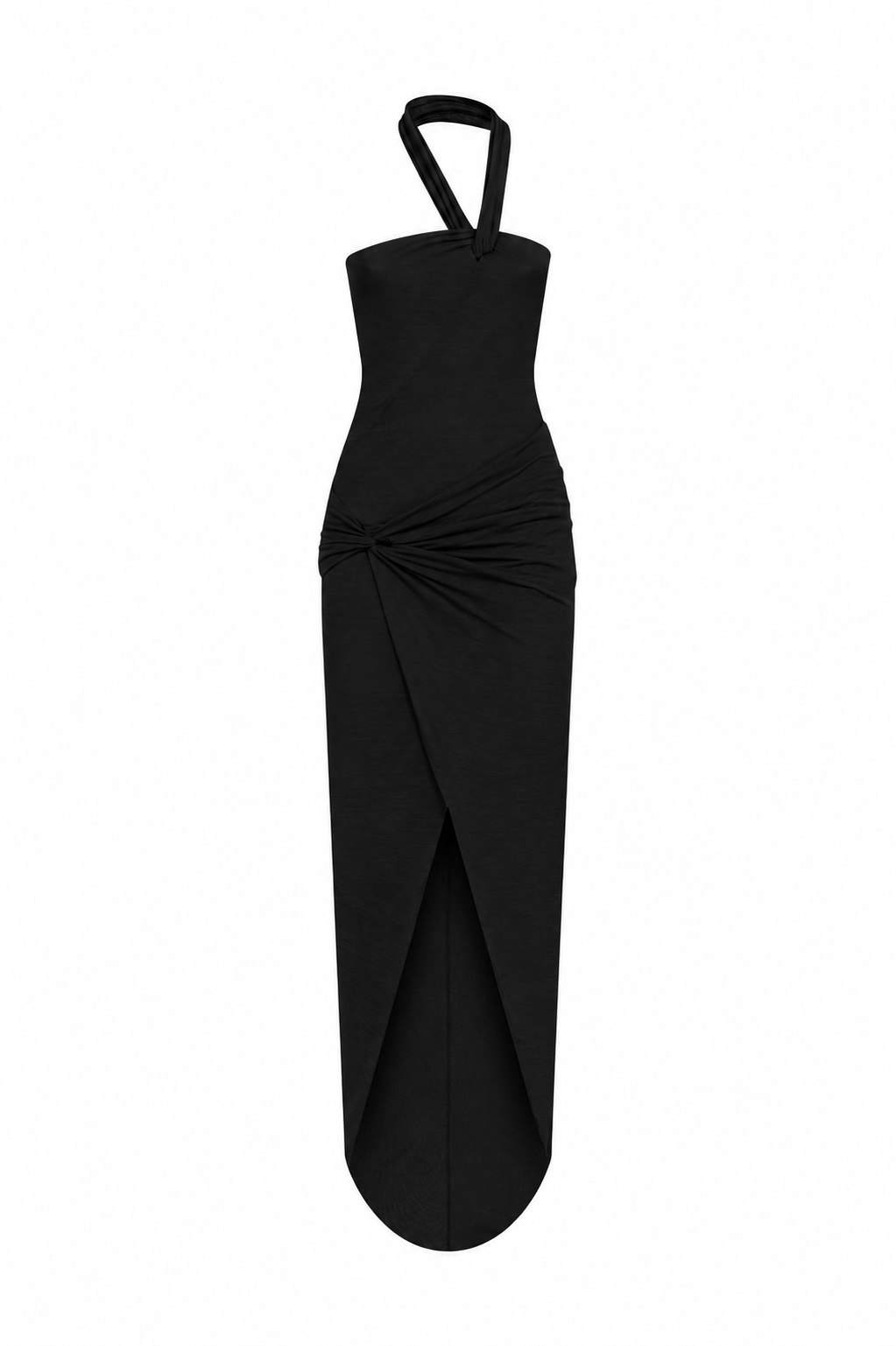 AMEN black long dress in warm jersey with halter neckline, side knot and high front slit front view