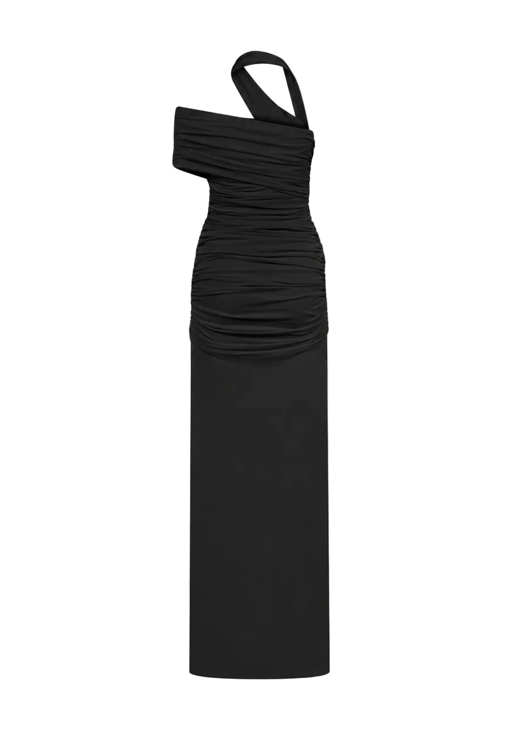 AMEN black fluid jersey long dress with ruched fitted upper body and straight full-length skirt back view