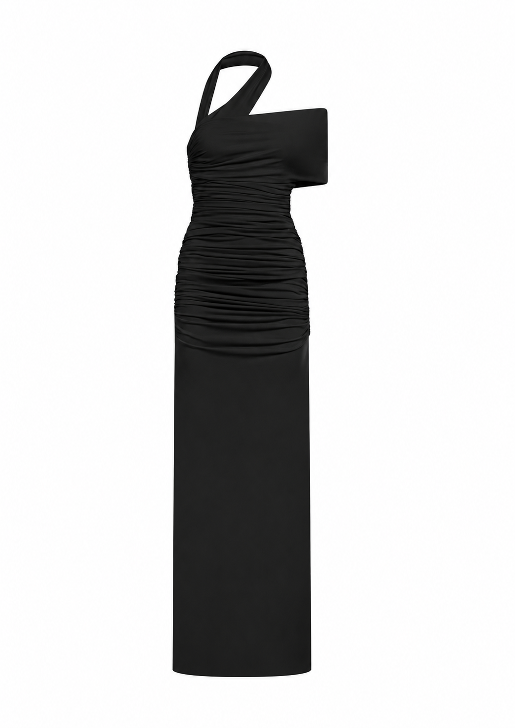 AMEN black fluid jersey long dress with asymmetric one-shoulder neckline and ruched fitted body front view