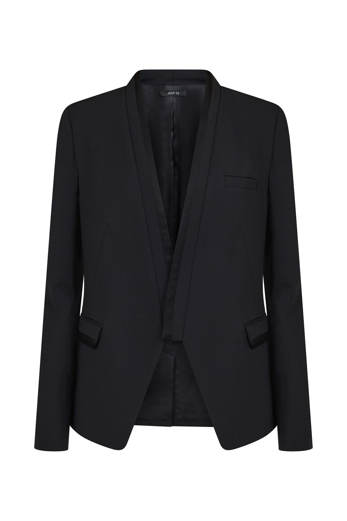 AMEN black wool gabardine jacket with tonal satin lapels and tailored pockets front view