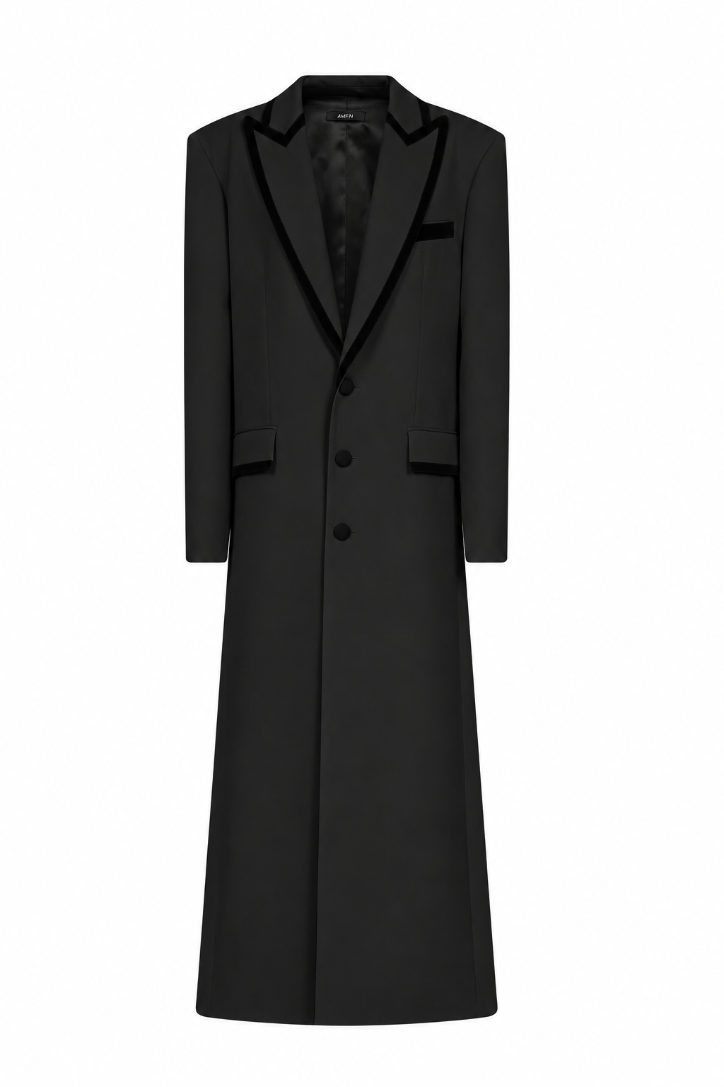 AMEN black wool gabardine long coat with tonal satin trim, peak lapels and covered buttons front view