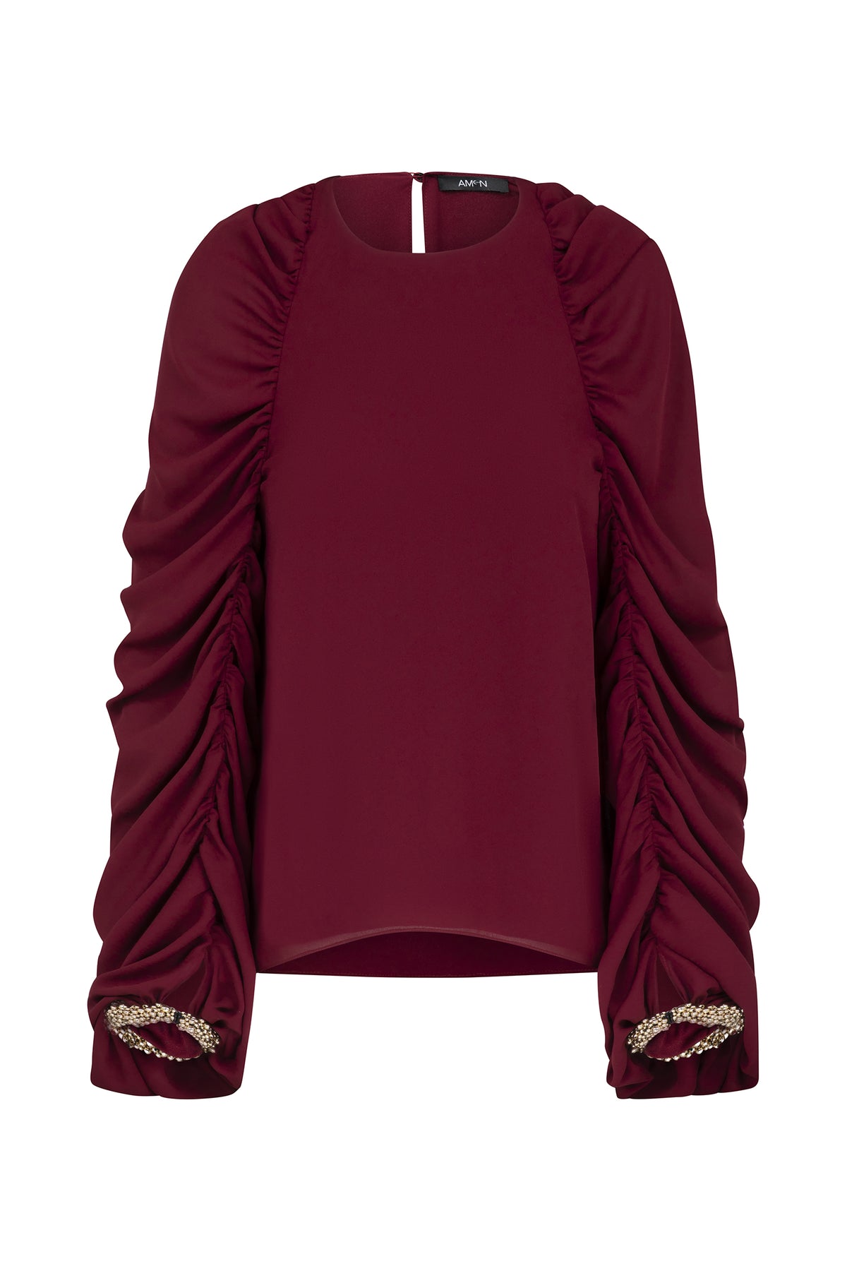 AMEN burgundy georgette blouse with long ruched sleeves and beaded cuff details front view