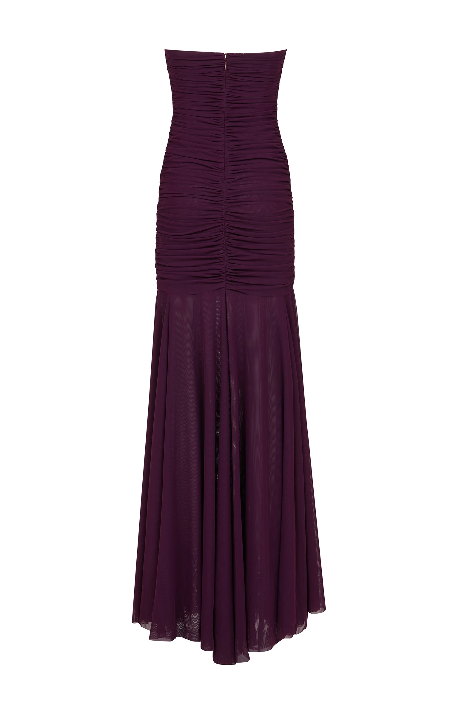 AMEN black stretch net long dress with ruched fitted back, concealed zip and sheer floor-length skirt back view