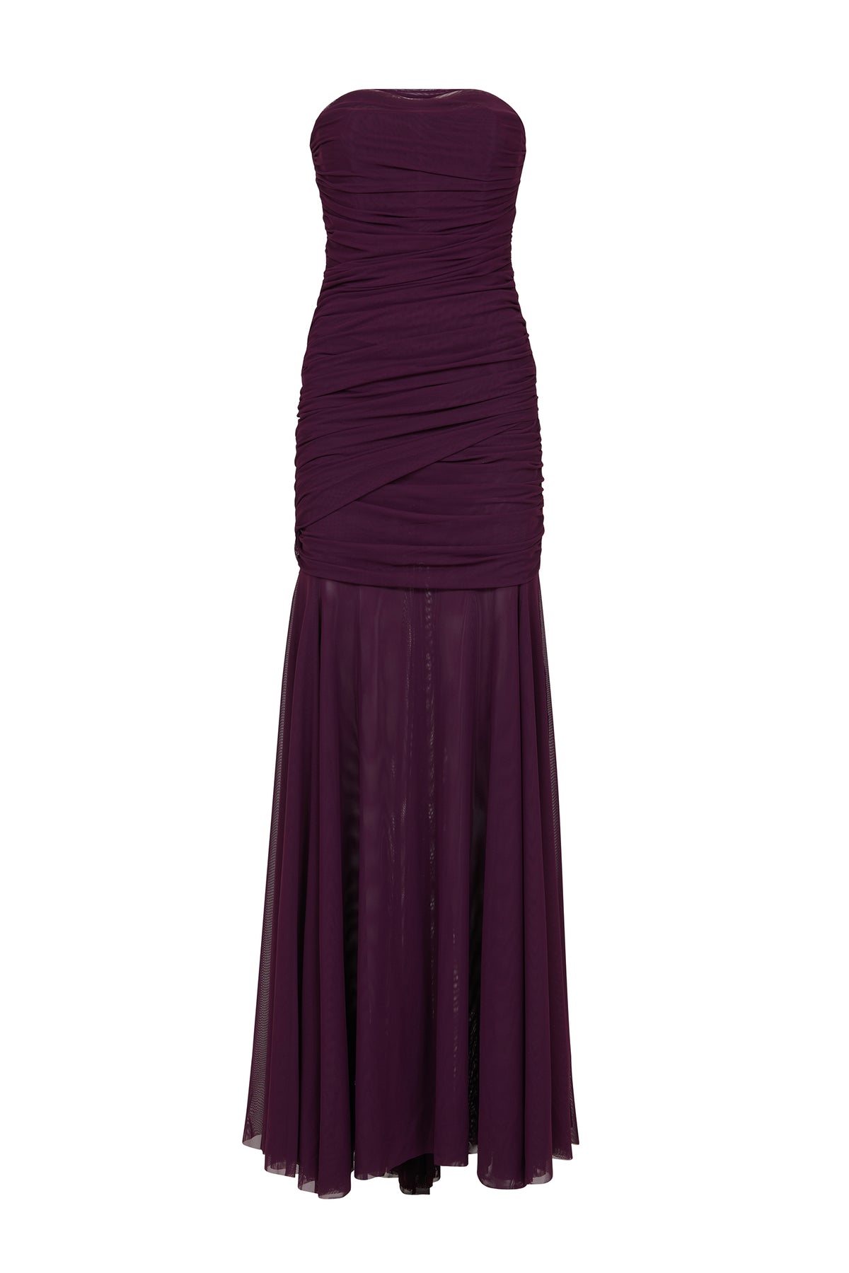 AMEN burgundy stretch net long dress with strapless ruched bodice and sheer flared skirt front view