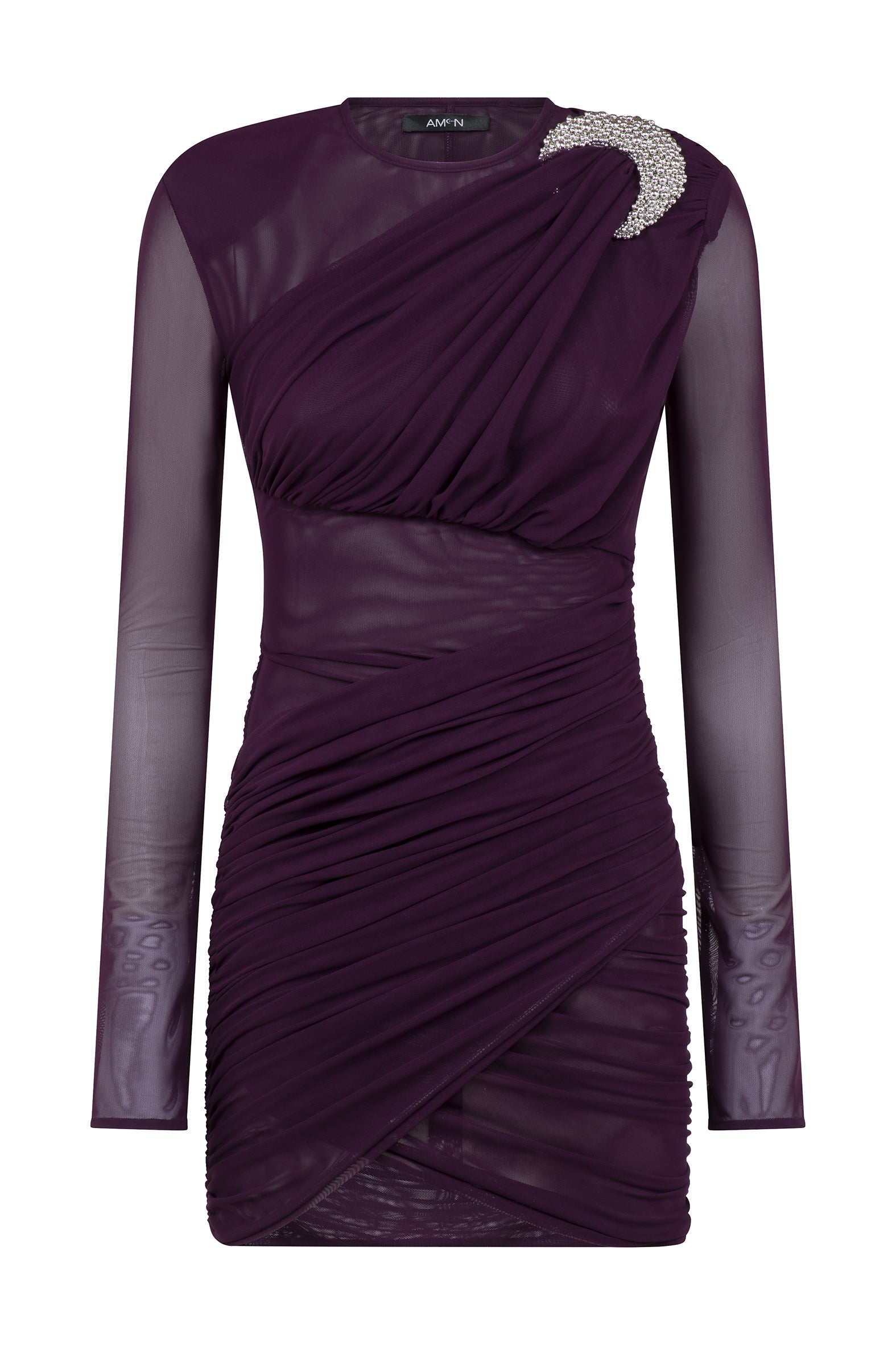 AMEN burgundy sheer net mini dress with moon-inspired shoulder embellishment and asymmetric draping front view