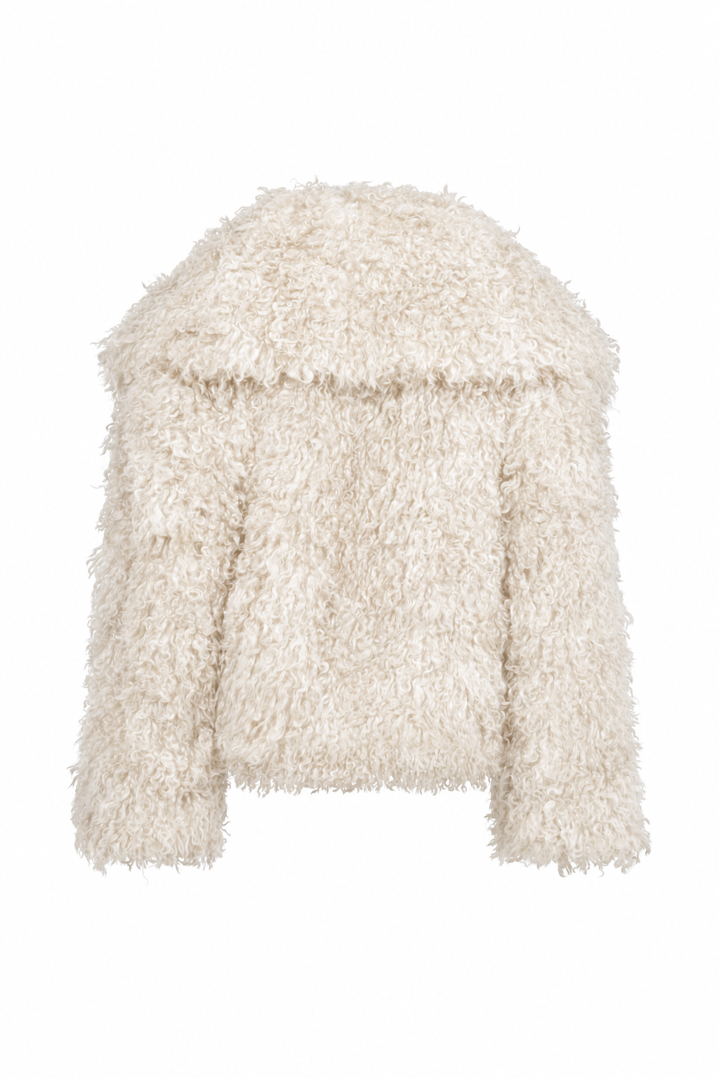 AMEN chalk Mongolian-style faux fur coat with curly texture and long sleeves back view