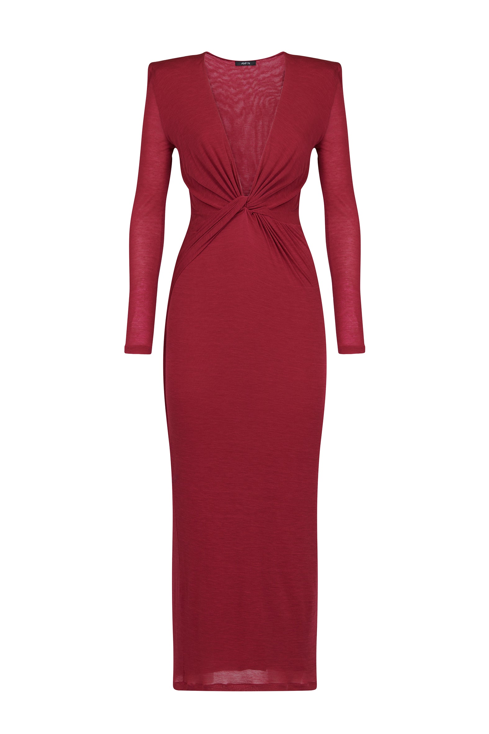 AMEN cherry red longuette dress in warm jersey with deep V-neckline and central knotted waist front view