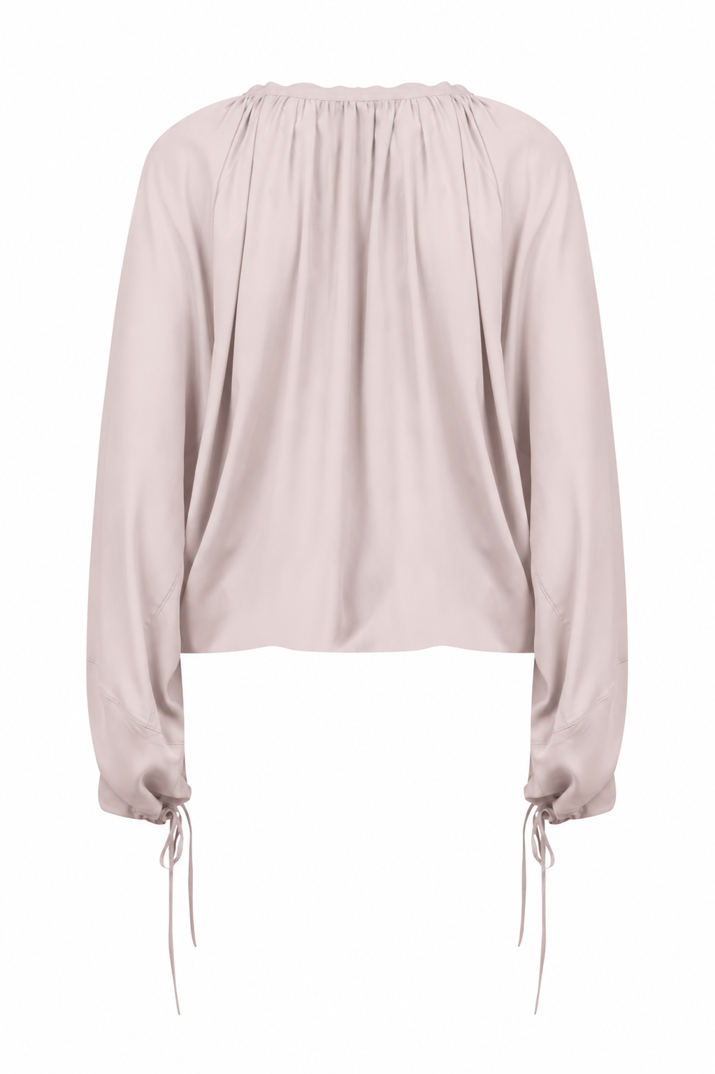 AMEN crepe de chine drawstring blouse in pale blush back view
