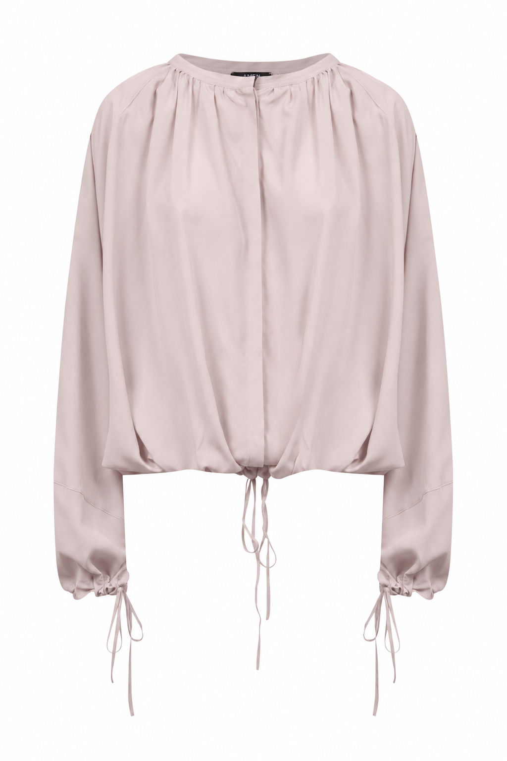 AMEN crepe de chine drawstring blouse in pale blush front view
