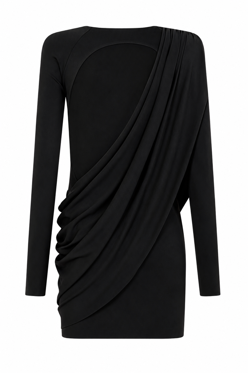 AMEN black fluid jersey mini dress with sculptural curved back cut-out and asymmetric draping back view