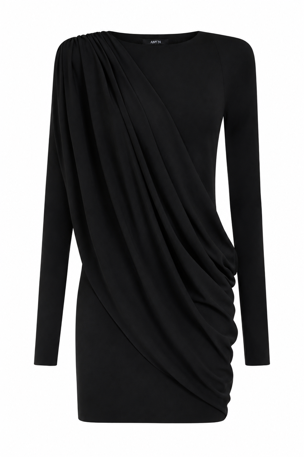 AMEN black fluid jersey mini dress with asymmetric draping and long sleeves front view
