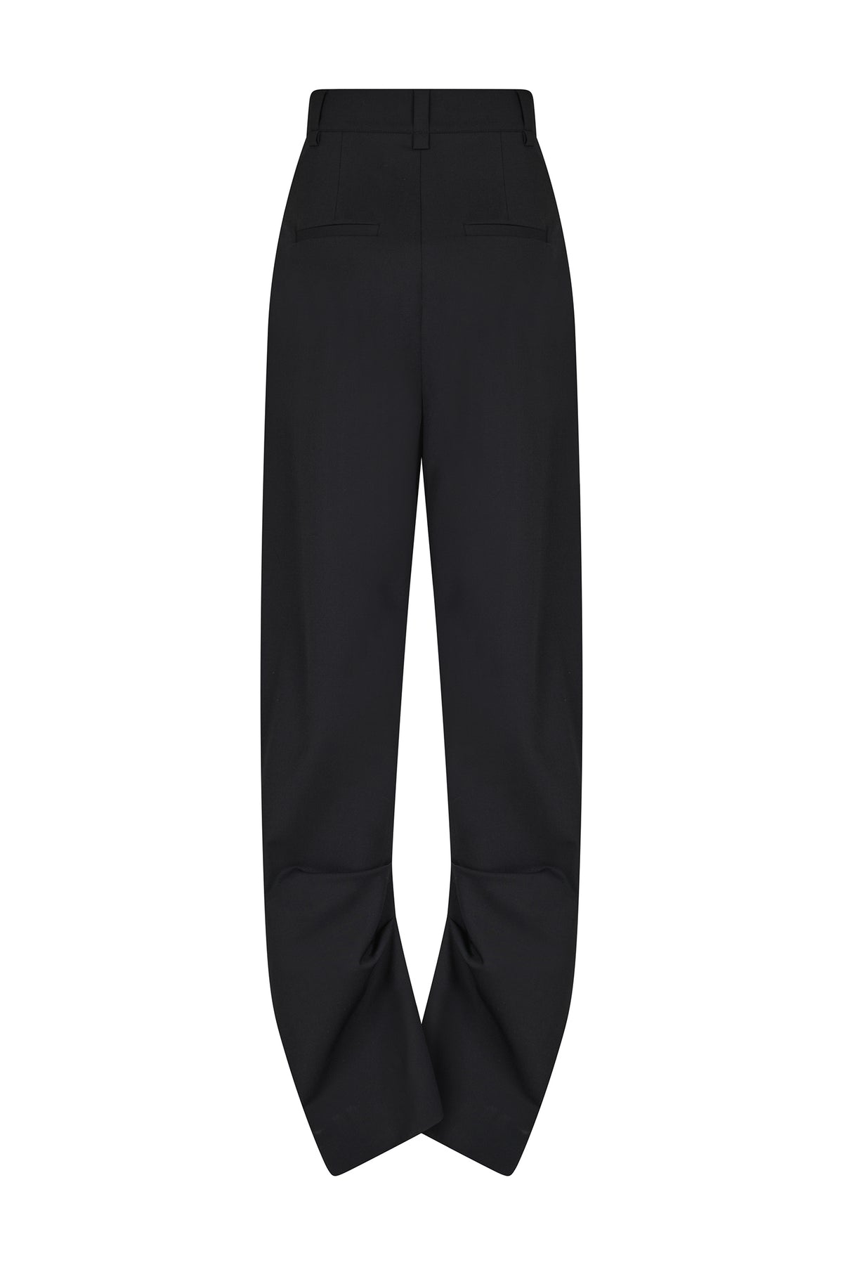 AMEN black wool gabardine tailored pants with welt pockets and draped hem back view