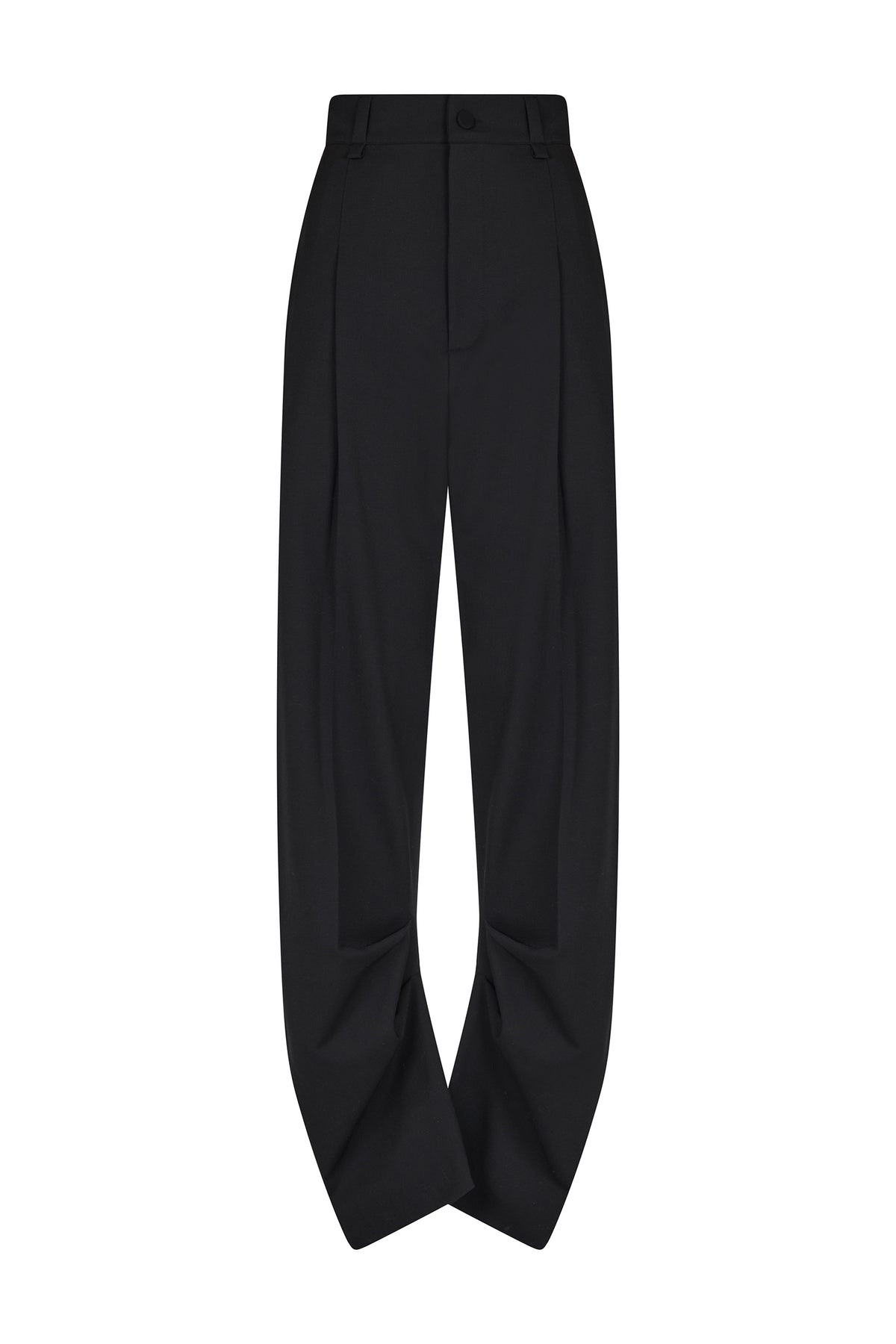 AMEN black high-waisted wool gabardine pants with sculptural draped hem front view
