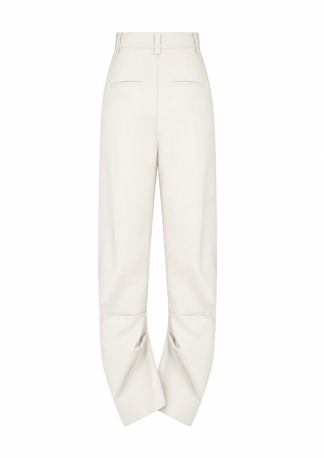 AMEN wool gabardine tailored pants with welt pockets and draped hem back view