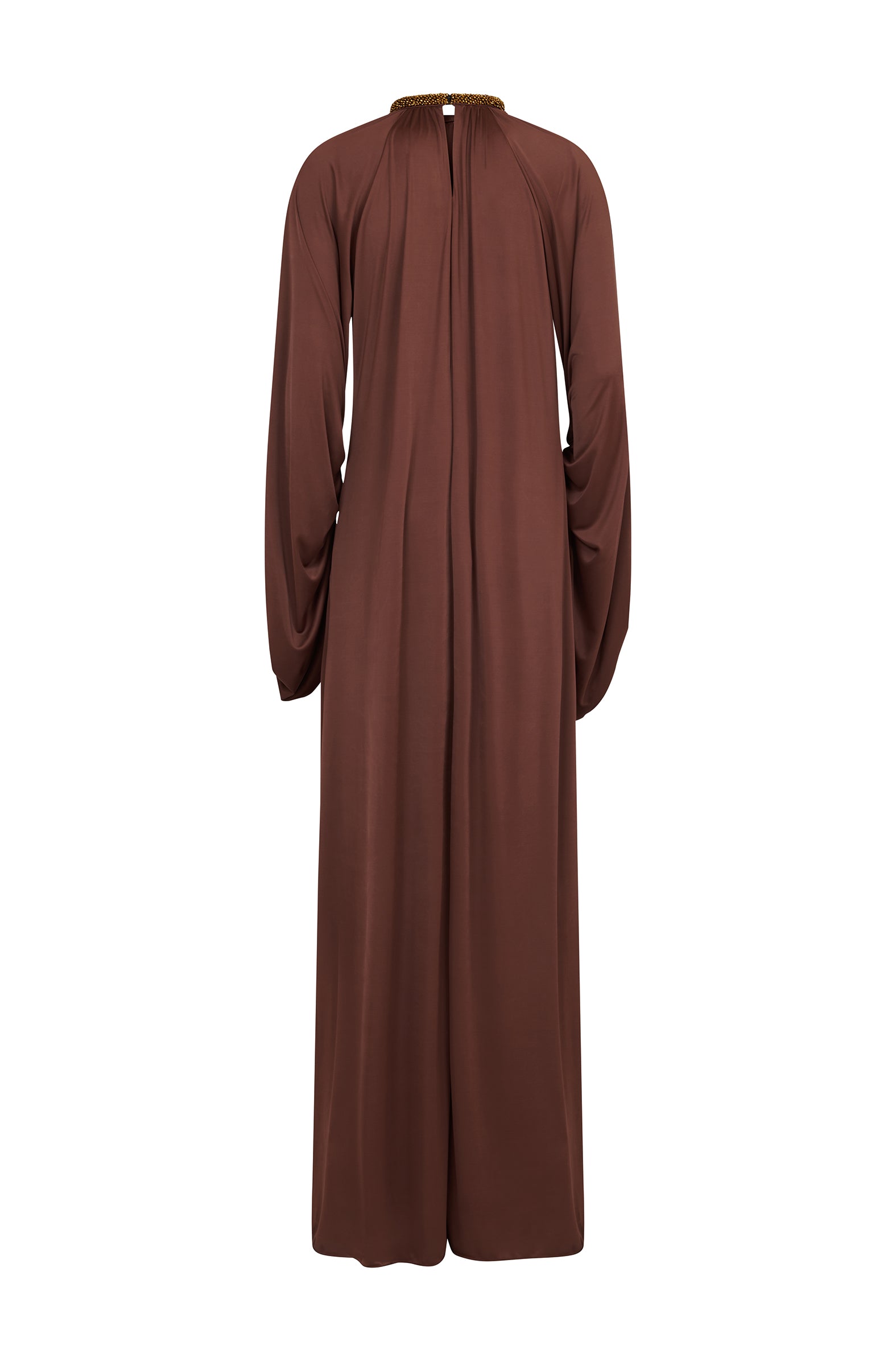 AMEN embellished collar long dress in dark brown fluid jersey back view