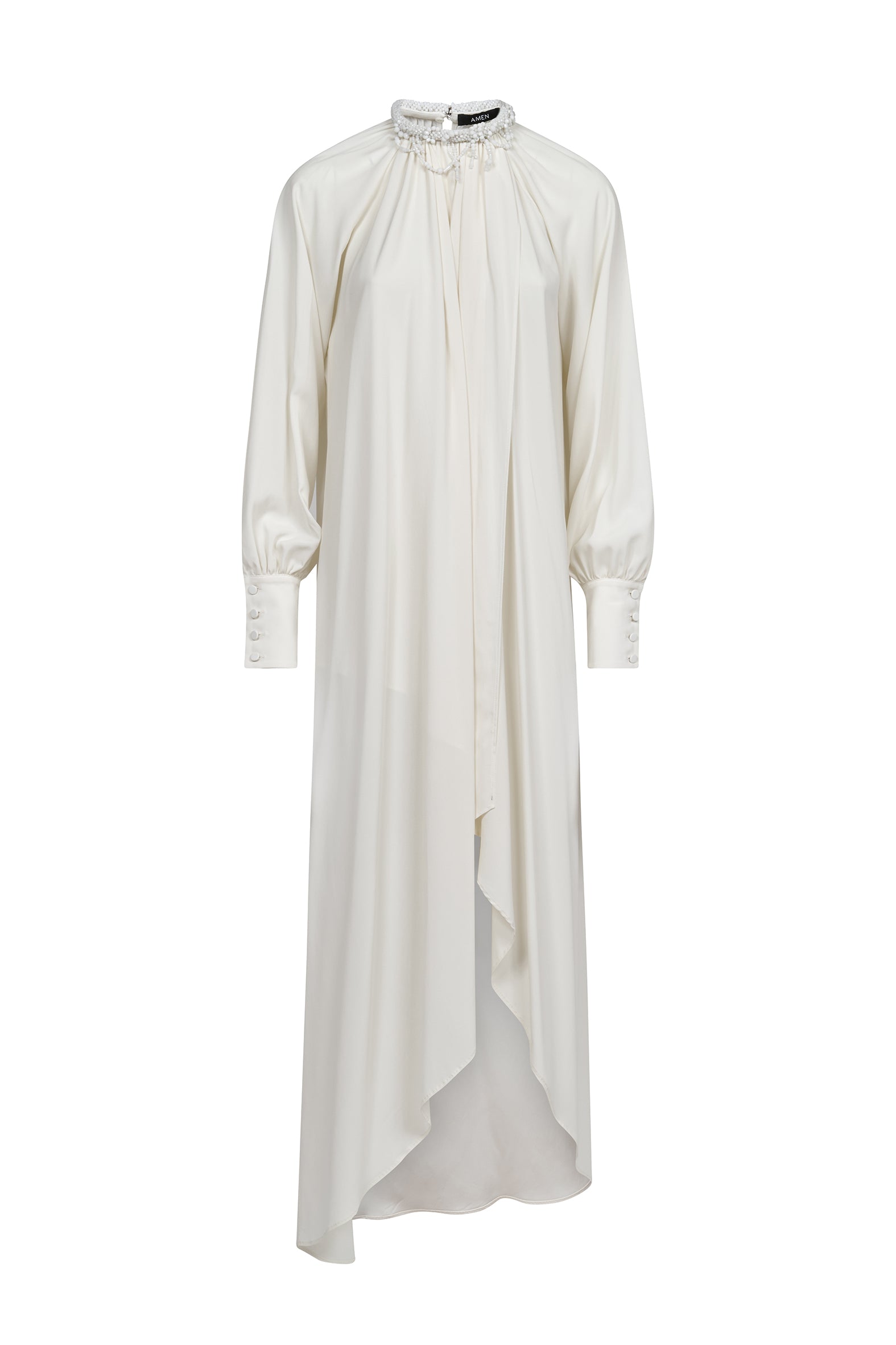 AMEN embellished collar long dress in ivory crêpe de chine front view
