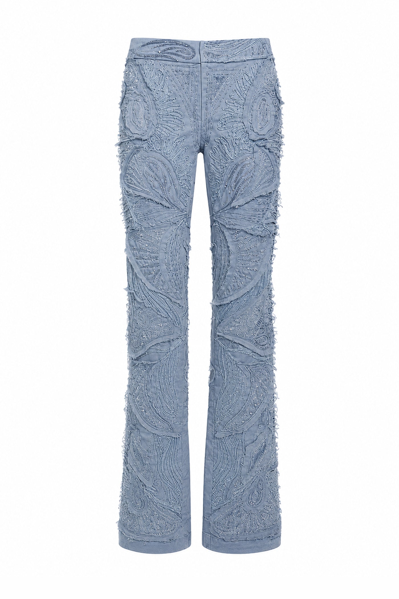 AMEN embroidered flared pants in light blue cotton canvas front view
