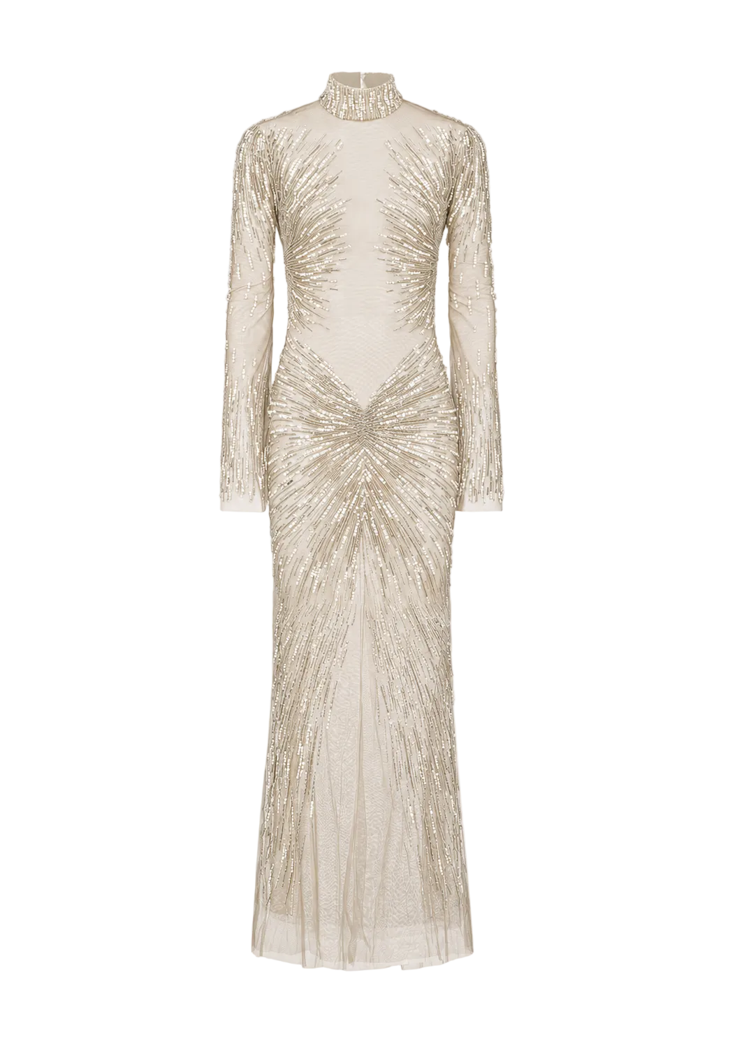 AMEN  embroidered tulle long dress with high neckline, sheer long sleeves and radiating sequin embroidery front view