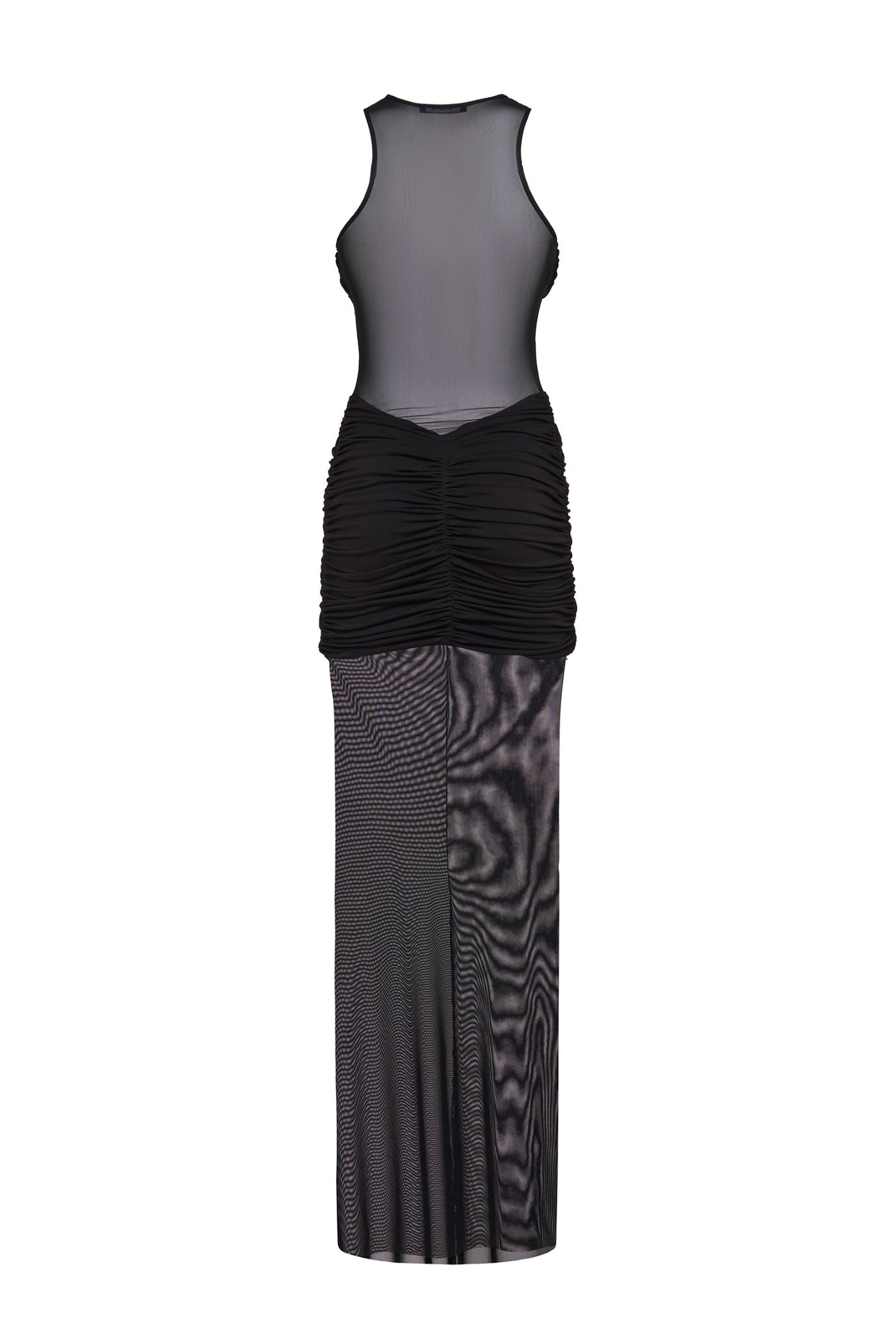 Back view of AMEN fluid jersey and stretch net maxi dress