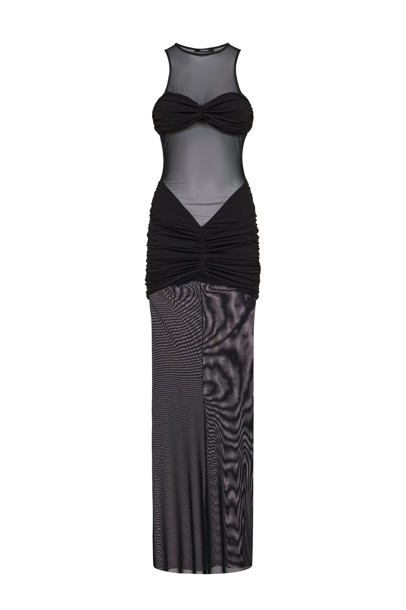 AMEN fluid jersey and stretch net maxi dress with gathered bodice and sheer panels