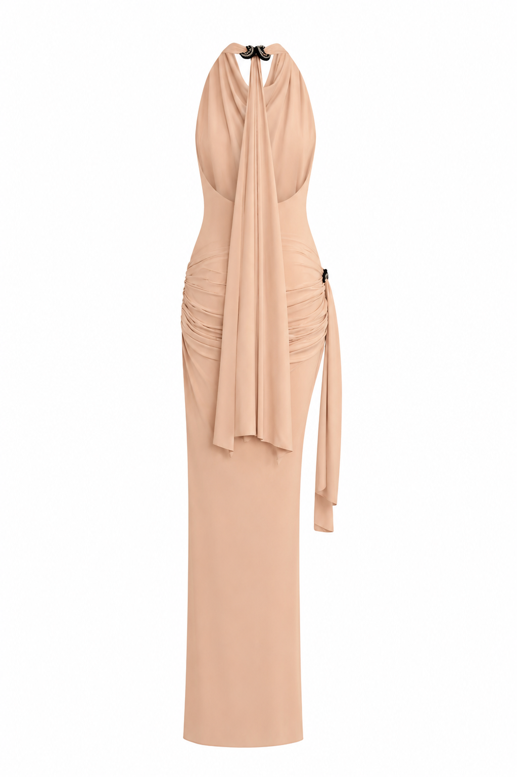 AMEN Gloria jersey moon detail dress in nude with draped back back view