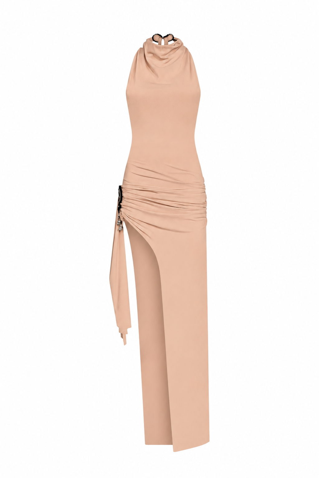 AMEN Gloria jersey moon detail dress in nude front view
