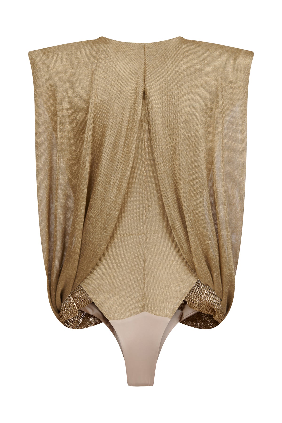 AMEN gold lurex mesh bodysuit with draped back panels and fitted bodysuit base back view