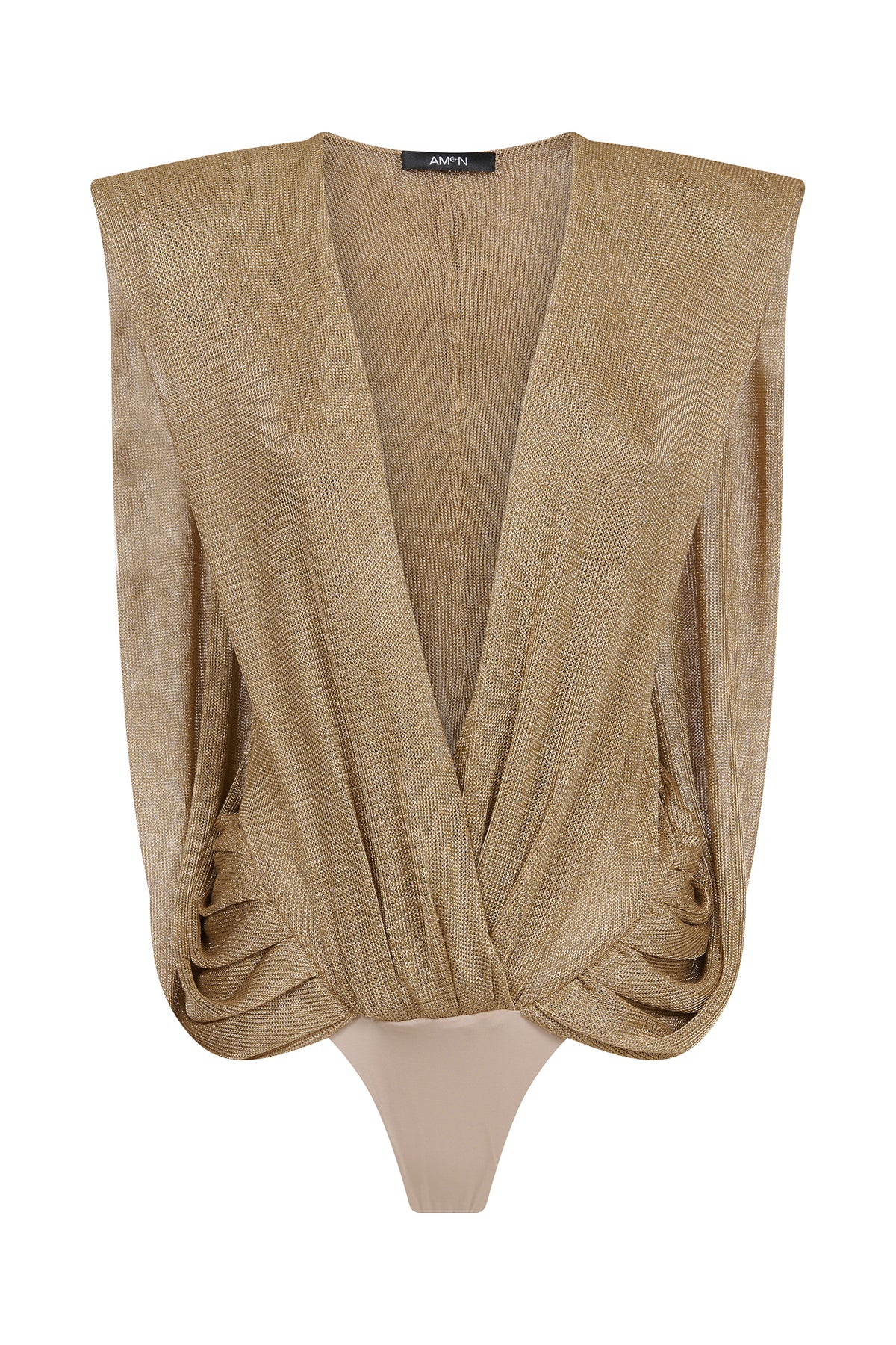 AMEN gold lurex mesh bodysuit with deep V neckline, metallic finish and fluid front draping front view