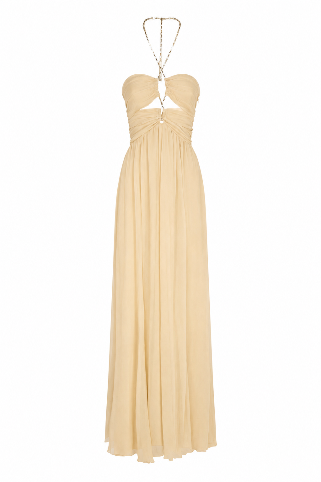 AMEN Halter Long Dress in Silk Chiffon Cream – Front View 