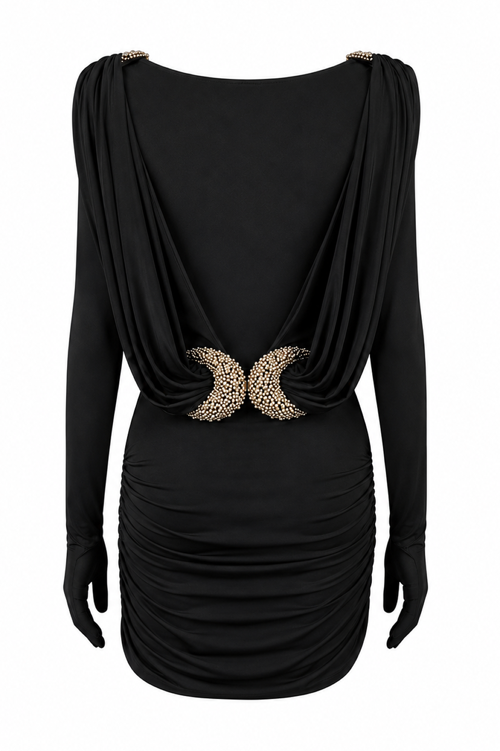 AMEN Kate fluid jersey mini dress in black with jewel embellishments back view

