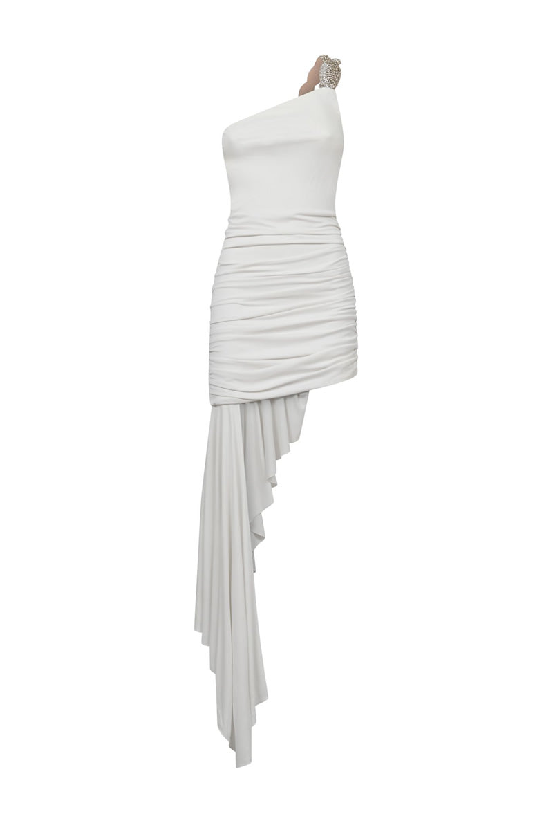One shoulder ivory draped shiny jersey dress with crystal strap front view

