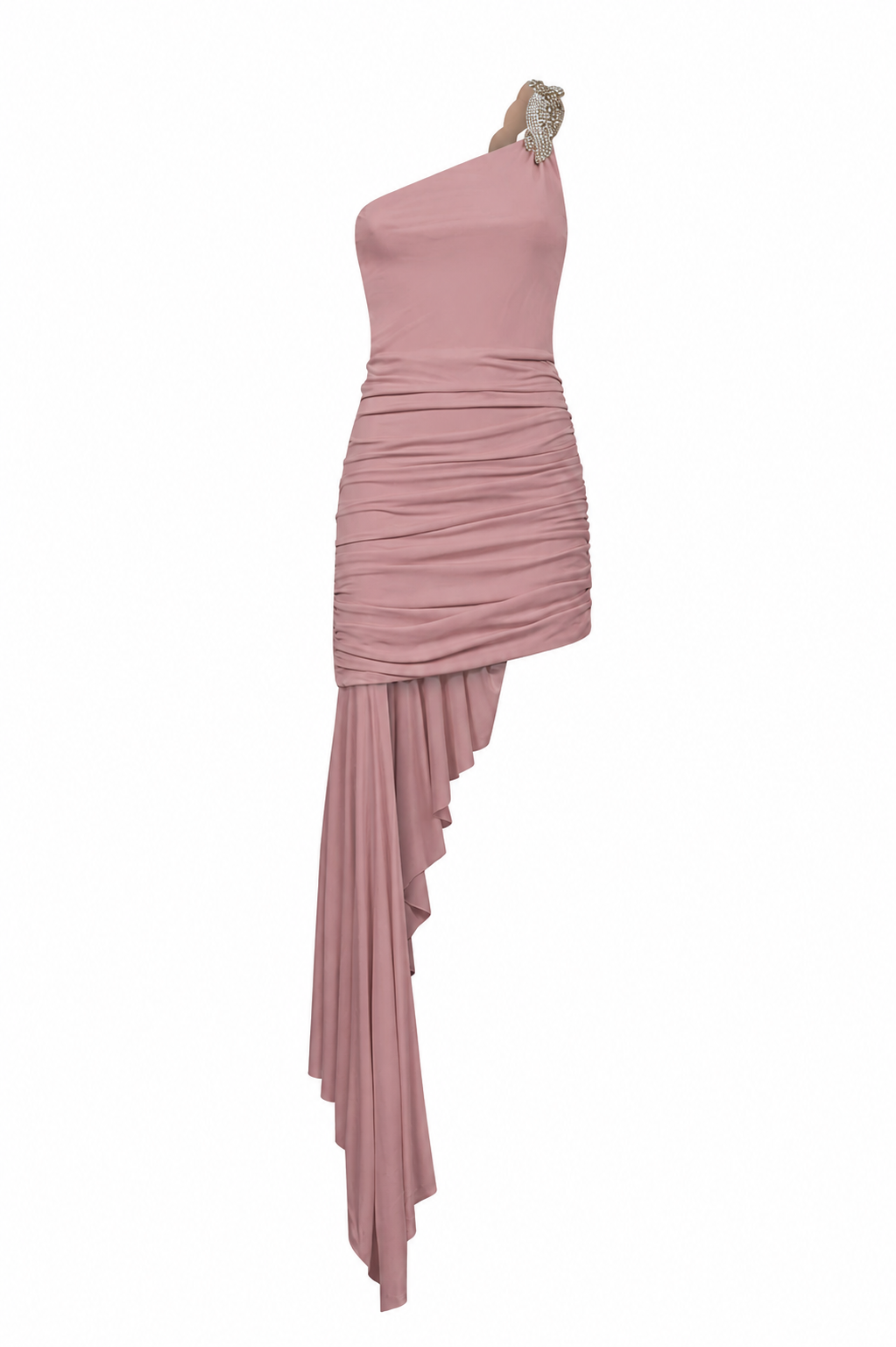 One shoulder ivory draped shiny jersey dress with crystal strap front view
