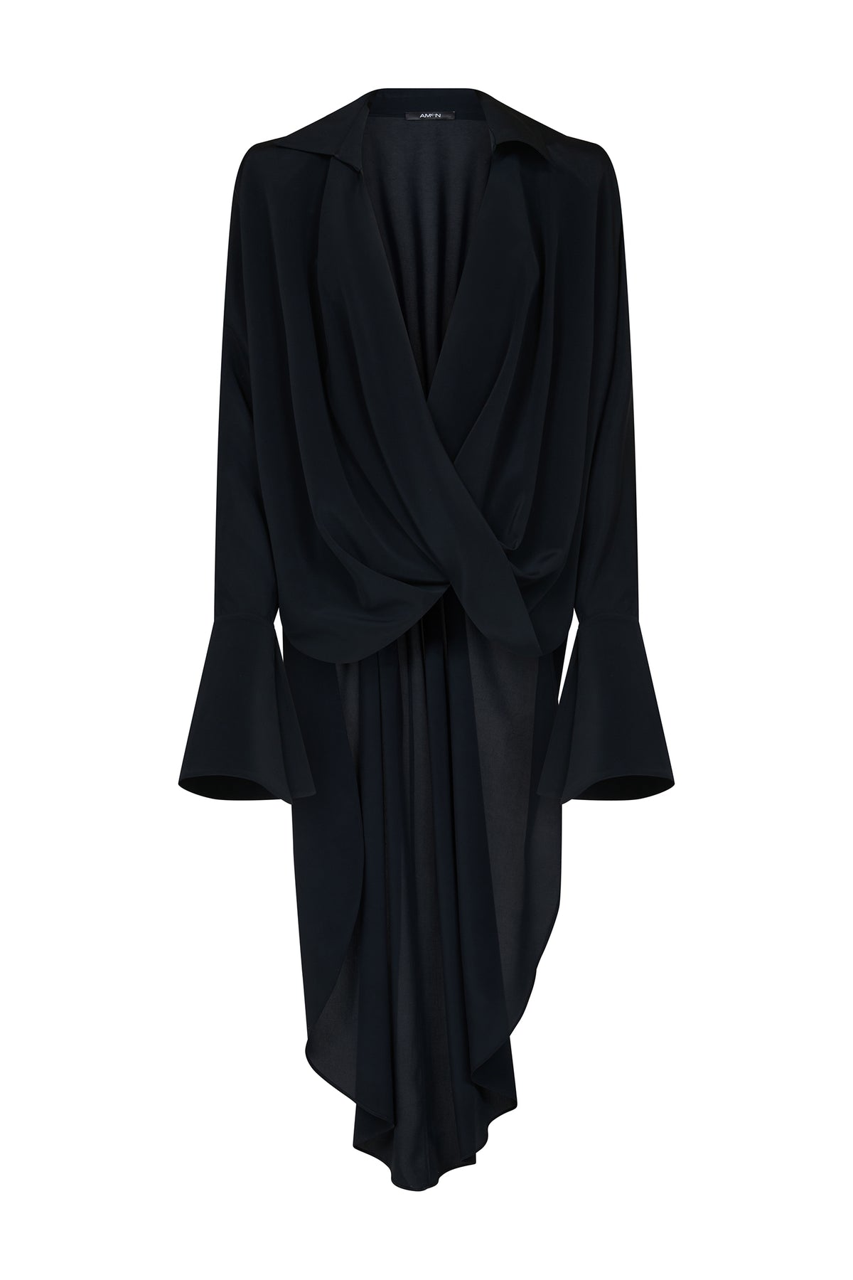 AMEN black crepe de chine shirt with draped crossover front and long gathered back drape