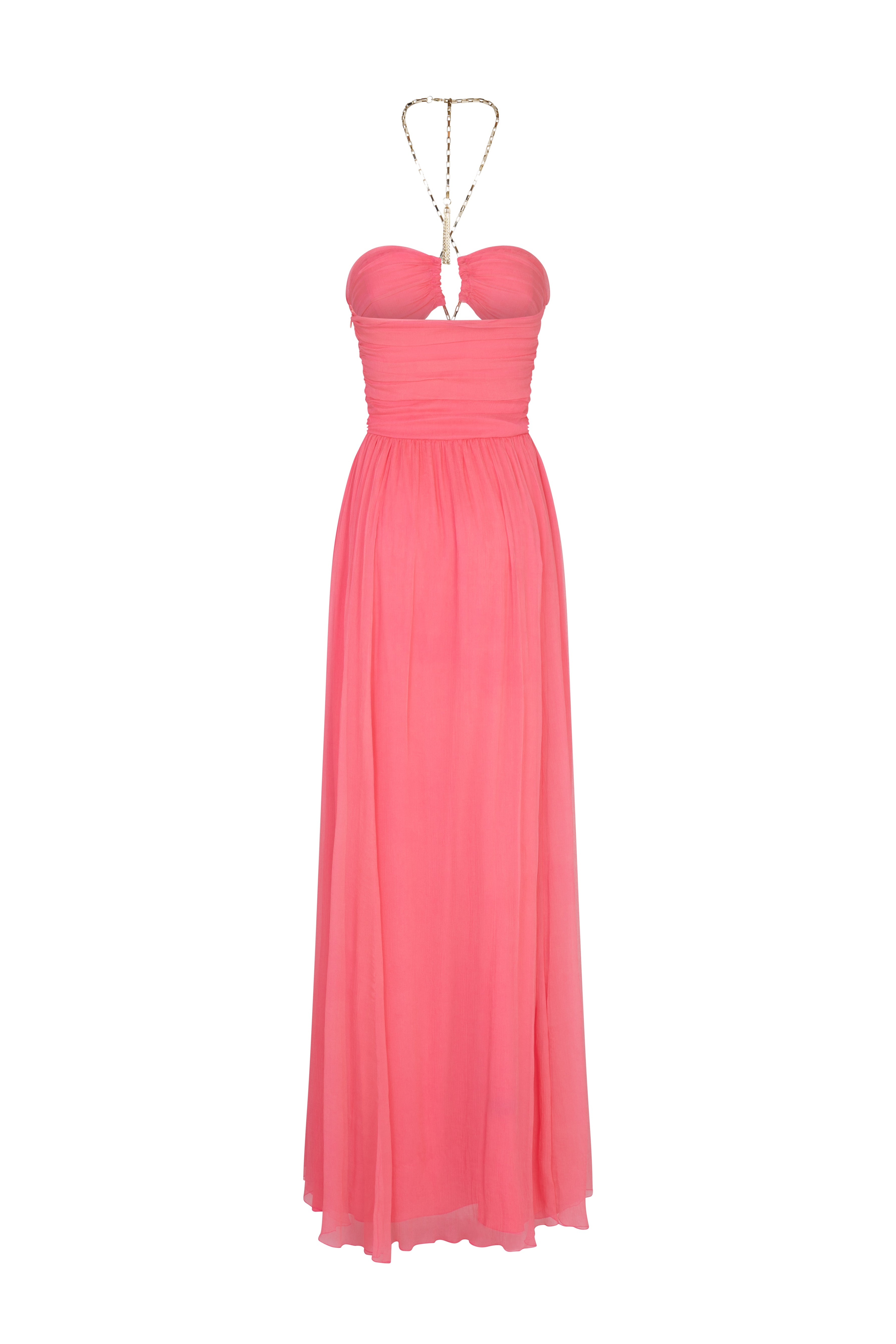 back view of AMEN halter long chiffon silk dress