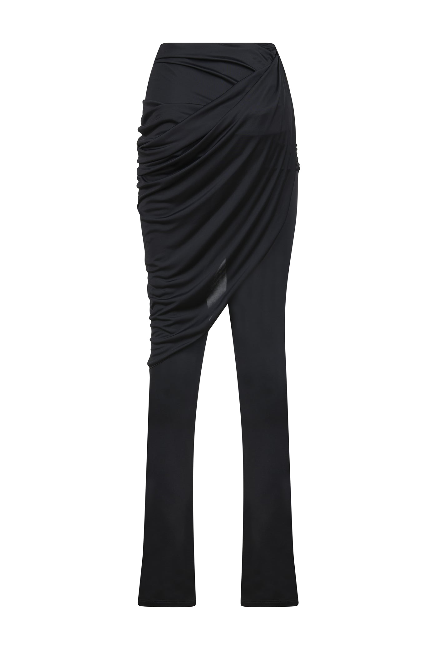 back view of AMEN shiny fluid jersey draped pants with sculptural draping