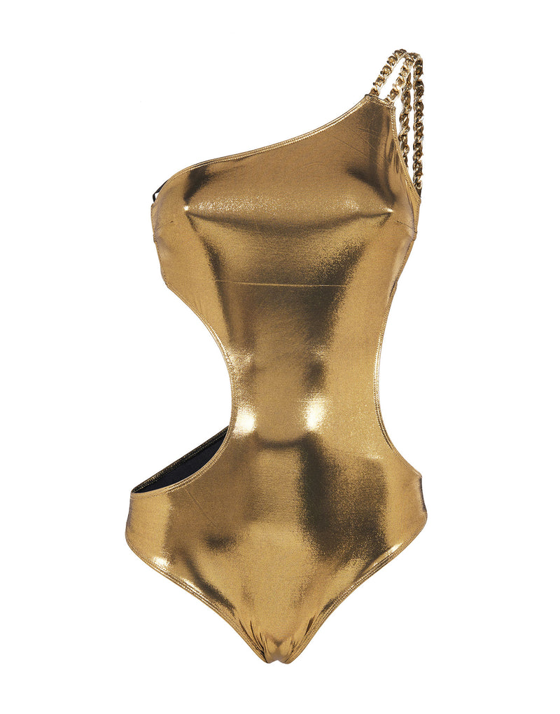 Swimsuit in laminated gold jersey