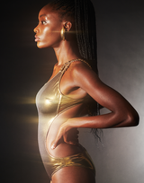 Swimsuit in laminated gold jersey